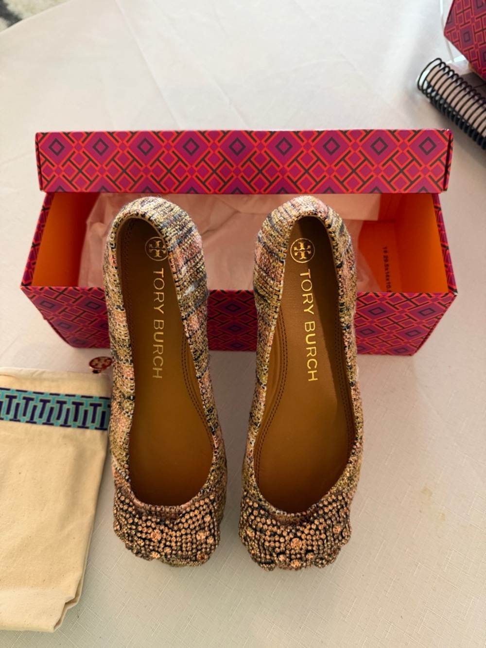 Tory Burch Multicolor Tweed Ballet Flats with Peach and Gold Accents